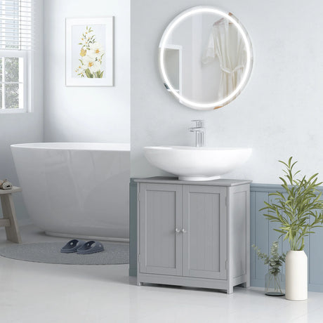 kleankin Under Sink Bathroom Cabinet, Freestanding Under Sink Cabinet with 2 Doors and Adjustable Shelf for Basin without or with Pedestal, Grey