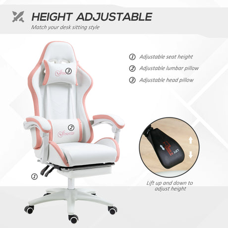 Vinsetto Computer Gaming Chair, PU Leather Office Desk Chair with Footrest, Swivel Wheels, 135 Reclining Back, Lumbar Support, Headrest for Home, White and Pink