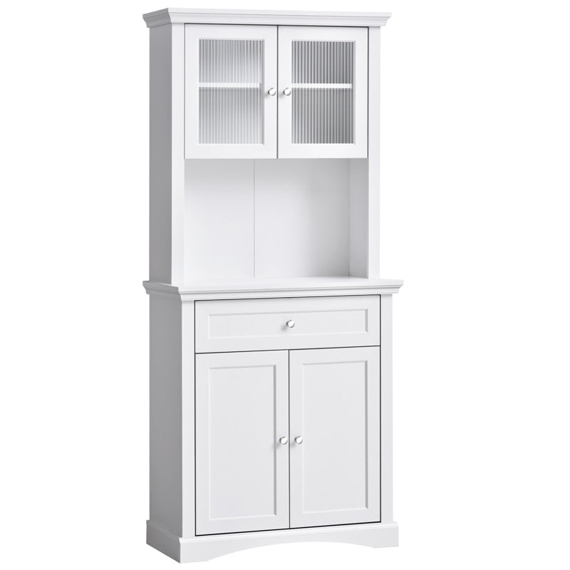 HOMCOM Kitchen Cupboard, Freestanding Storage Cabinet with Glass Doors, Adjustable Shelves, and Open Counter, White