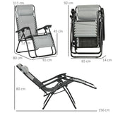 Outsunny Garden Recliner Chairs Set of 2, Outdoor Foldable Zero Gravity Chairs Set w/ Footstool and Detachable Headrest, Grey