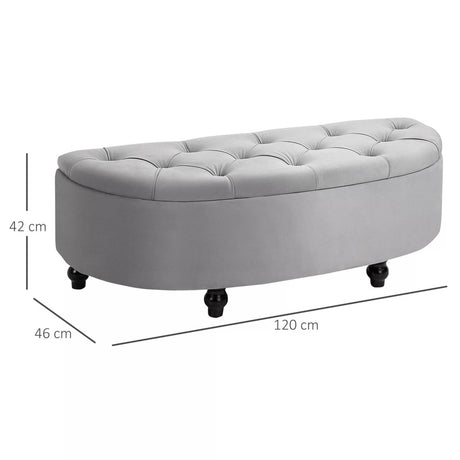 HOMCOM Semi-Circle Bed End Bench Ottoman with Storage Tufted Upholstered Accent Seat Footrest Stool with Rubberwood Legs for Bedroom & Entryway, Light Grey