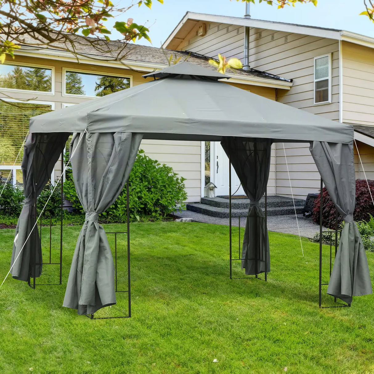 Outsunny 3 x 3 m Garden Gazebo Double Roof Marquee Patio Wedding Party Tent Canopy Shelter with Sidewalls, (Dark Grey)
