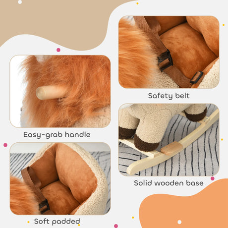 HOMCOM Kids Lion-themed Rocking Horse, with Roaring Sound Button, Seatbelt, Brown