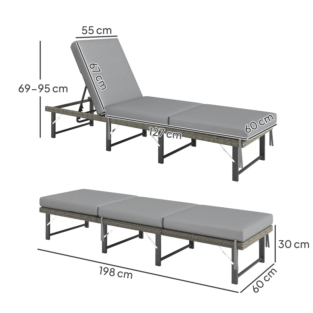 Outsunny Single Folding Rattan Sun Lounger, with Cushion - Grey