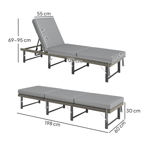 Outsunny Single Folding Rattan Sun Lounger, with Cushion - Grey