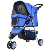 PawHut Dog Stroller, 3 Wheels Foldable Cat Dog Pram with Cup Holder, Storage Basket, Pet Stroller for Small Miniature Dogs, Blue