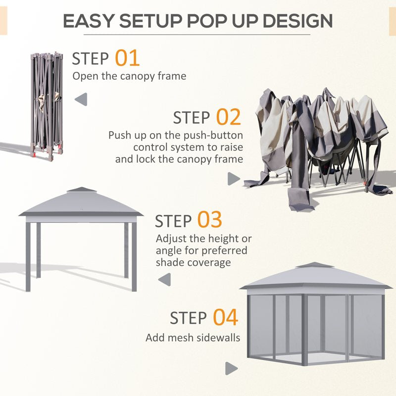 Outsunny 3.3 x 3.3m Pop Up Gazebo, Double Roof Foldable Canopy Tent with Zipped Mesh Sidewalls, Height Adjustable and Carrying Bag, Event Tent for Patio Garden, Grey