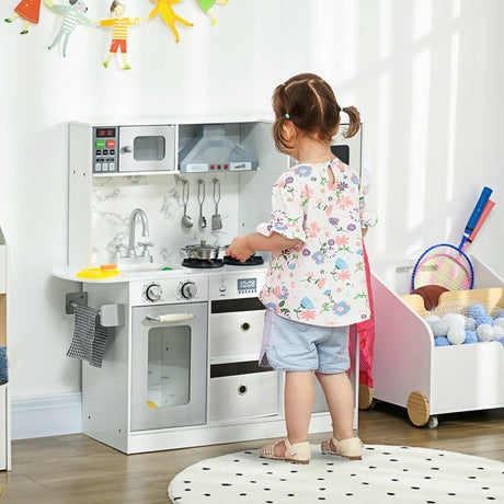 AIYAPLAY Toy Kitchen with Lights, Sounds, Apron and Chef Hat, Ice Maker, Microwave, for Ages 3-6 Years - White