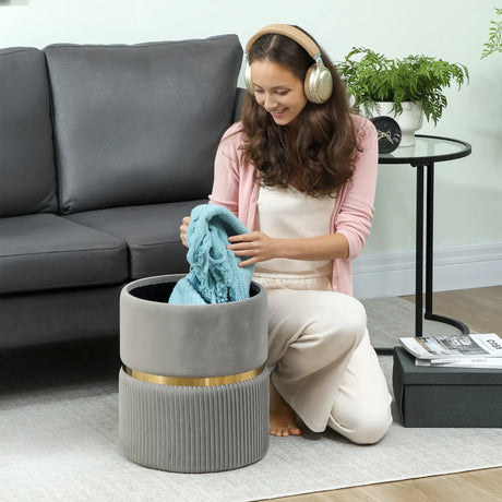 HOMCOM Velvet-Feel Storage Ottoman - Light Grey