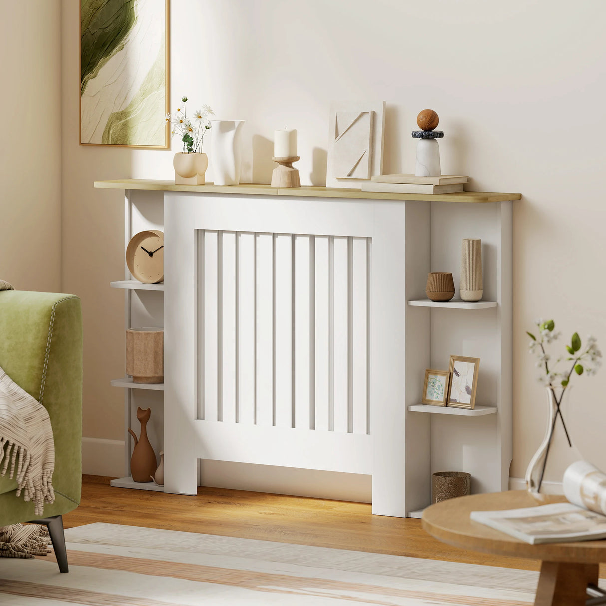 HOMCOM Radiator Cover with Open Storage Shelves, Vertical Slatted Cabinet Shelf Heater Cover for Living Room, Hallway, Medium, White (H: 83 / W: 124 / D: 19 cm)