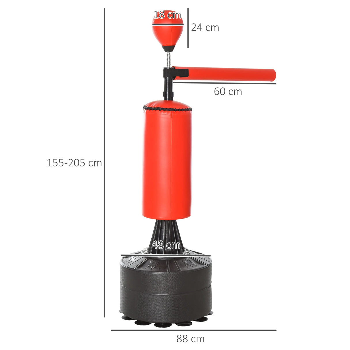 HOMCOM 155-205cm 3-IN-1 Freestanding Boxing Punching Bag Stand, Boxing Speed Trainer with Rotating Flexible Arm, Speed Ball, Fillable Base, Red
