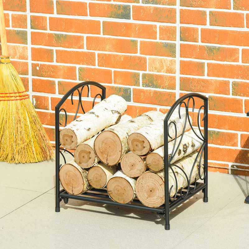 Outsunny Metal Firewood Log Holder Indoor Outdoor Firewood Rack Fireplace Wood Storage Shelf w/ Elegant Scrolls, Rust-Resistant, Black, 39.5L x 31.5W x 39.5H cm