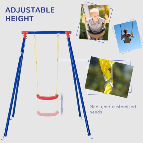 Outsunny Kids Swing Set Toddler Swing Adjustable Rope Heavy Duty A-Frame Stand Outdoor Playset for 3-8 Years Old Blue