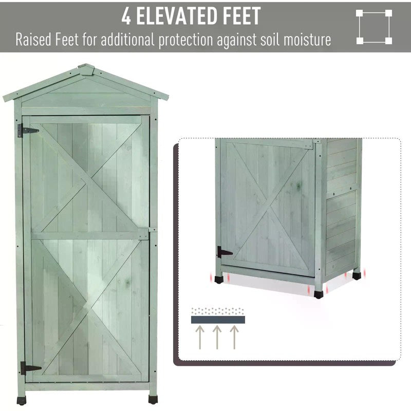Outsunny Wooden Garden Shed, Outdoor Storage Cabinet with 2 Shelves and Hooks, Locking Organiser Outdoor Narrow Tool House, 74x55x155cm, Green