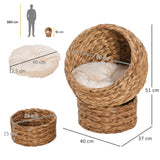 PawHut Wicker Cat Bed, Raised Rattan Cat Basket with Cylindrical Base, Soft Washable Cushion, 42 x 33 x 52cm - Brown