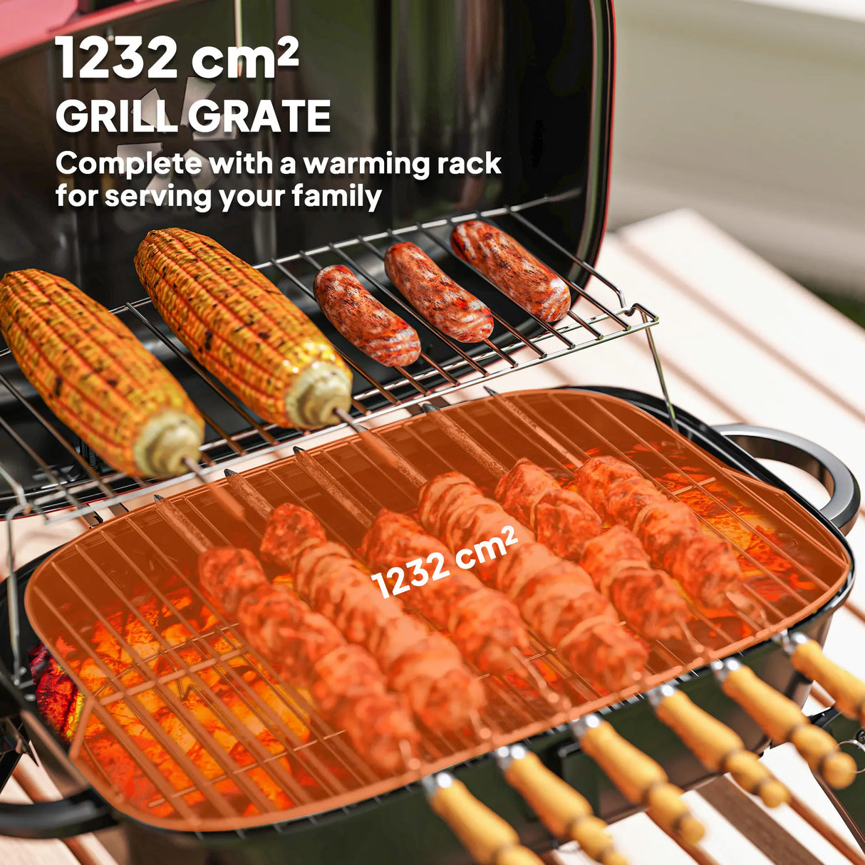 Outsunny Charcoal Barbecue Grill Folding BBQ Grill with 1232 cm2 Cooking Area, Adjustable Vent, Thermometer, Handles for Camping Picnic, Red