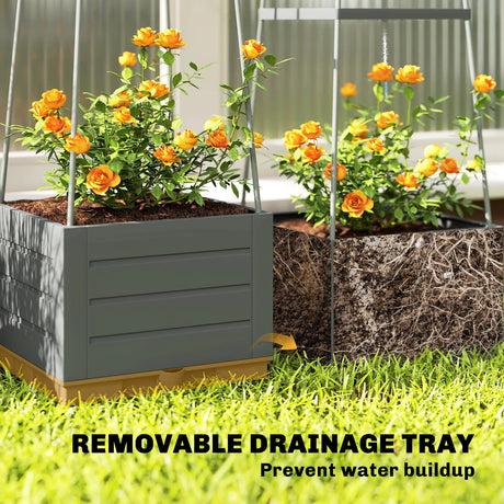 Outsunny 2 Pack Raised Garden Bed with Trellis, Plastic Outdoor Planter Box with Removable Drainage Tray