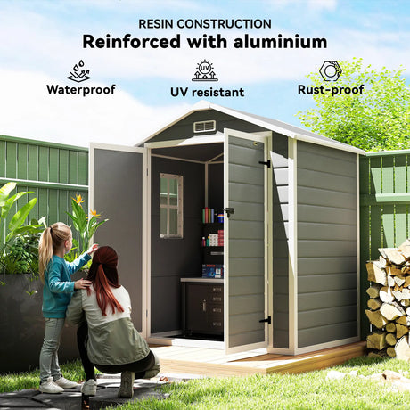 Outsunny 6'x4.5' Garden Storage Shed, Lockable Garden Shed with Double Doors, Window, Vent and Plastic Roof, Grey