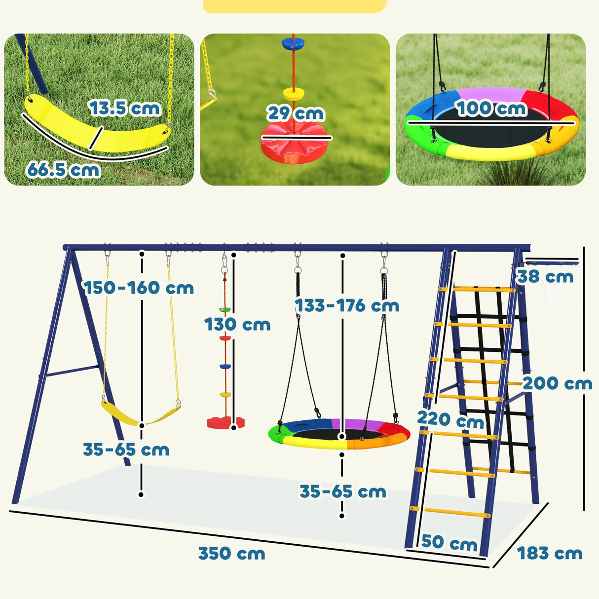 AIYAPLAY 6 in 1 Metal Kids Swing Set with 3 Swings, Climbing Ladder & Net, Basketball Hoop, for Ages 3-8