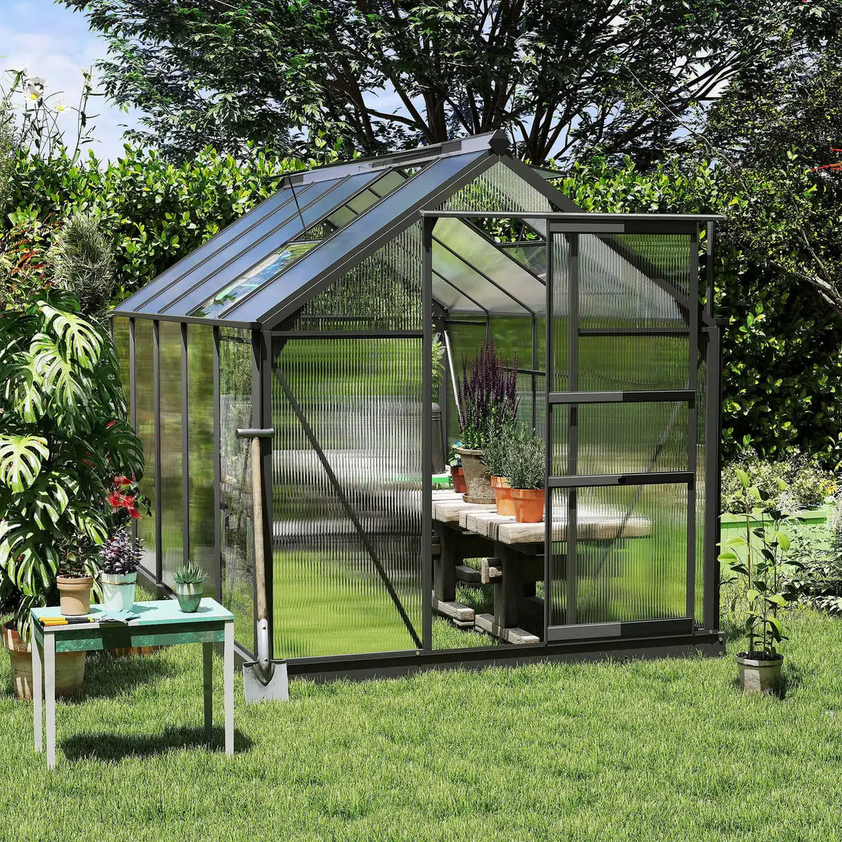 Outsunny 6 x 10ft Polycarbonate Greenhouse, Large Walk-In Green House with Slide Door and Window, Garden Plants Grow House with Aluminium Frame and Foundation, Grey