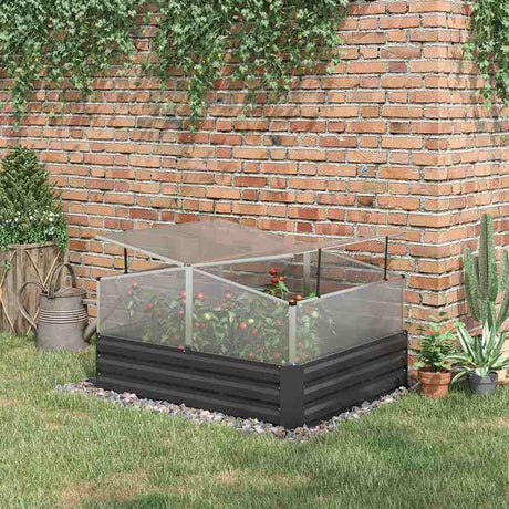 Outsunny Outsuuny Galvanised Raised Garden Bed, Outdoor Planter Box with Greenhouse and Cover for Vegetables, Flowers, Dark Grey