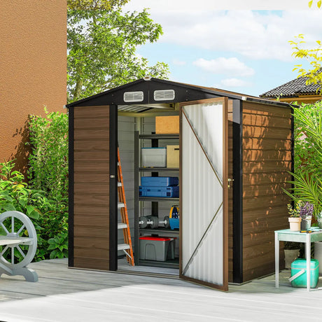 Outsunny 4 x 6ft Galvanised Steel Garden Shed, with Lock and Gloves - Oak