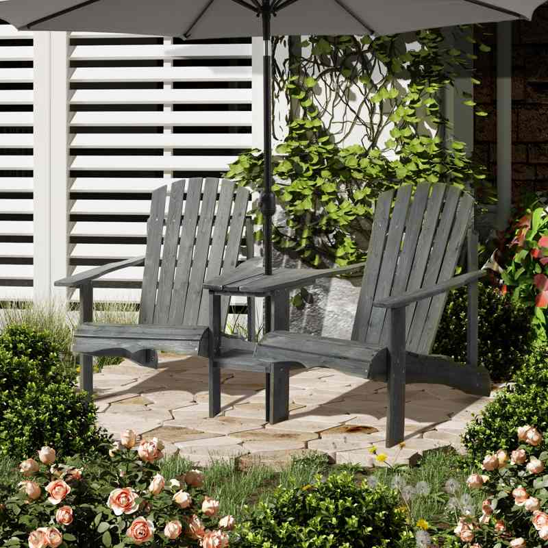 Outsunny Wooden Outdoor Double Adirondack Chairs Loveseat w/ Centre Table and Umbrella Hole, Garden Patio Furniture for Lounging and Relaxing, Grey