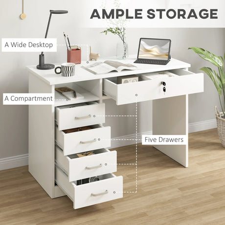 HOMCOM Computer Desk, Home Office Desk with Lockable Drawer, Storage Shelf for Study Bedroom, 110 x 50 x 76 cm, White