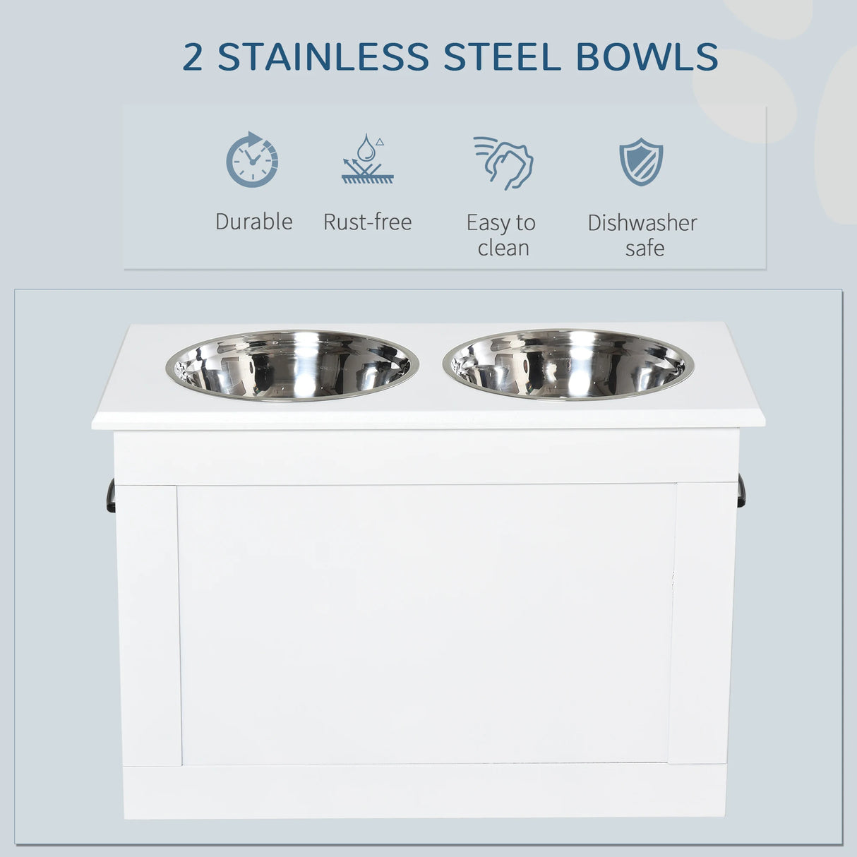 PawHut Raised Dog Bowls, with Storage, Two Stainless Steel Bowls, Elevated Base - White