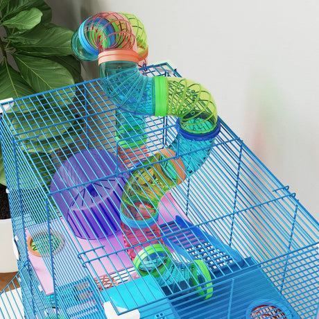 PawHut 5 Tier Hamster Cage Carrier Habitat w/ Exercise Wheels, Tunnel, Blue
