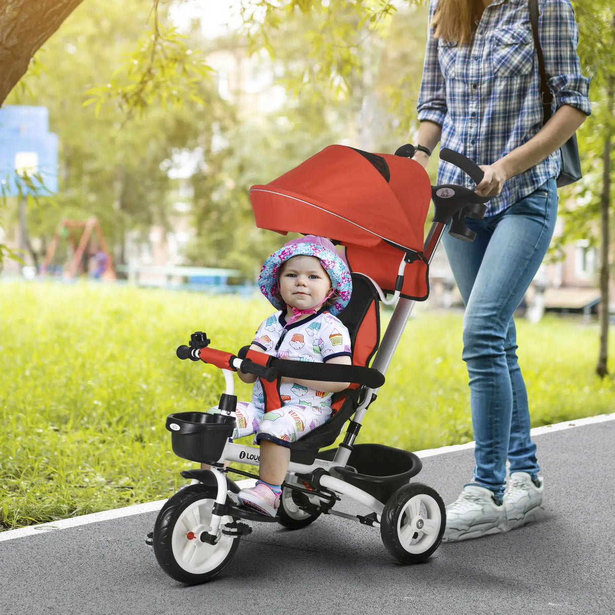 HOMCOM Metal Frame 6 in 1 Baby Push Tricycle with Parent Handle for 1-5 Years Old, Red