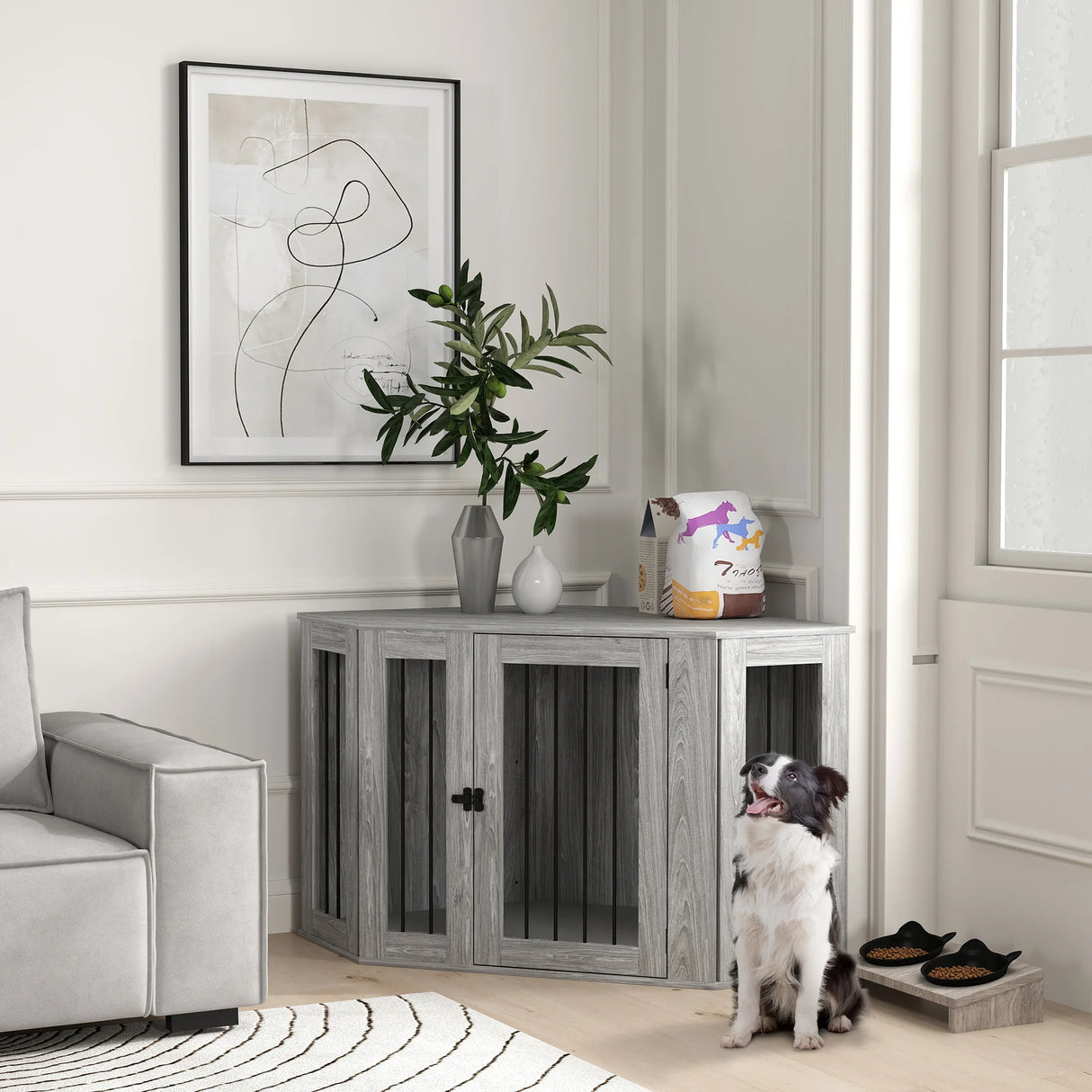 PawHut Dog Crate Furniture Side Table, with Cushion, 122 x 61 x 71cm - Grey