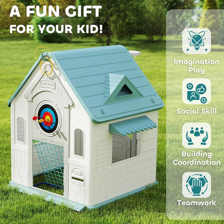 AIYAPLAY 5-in-1 Playhouse for Kids Outdoor Indoor with Basketball Hoop, Football Goal, Dartboard, Ring Toss for 2-5 Years, Beige