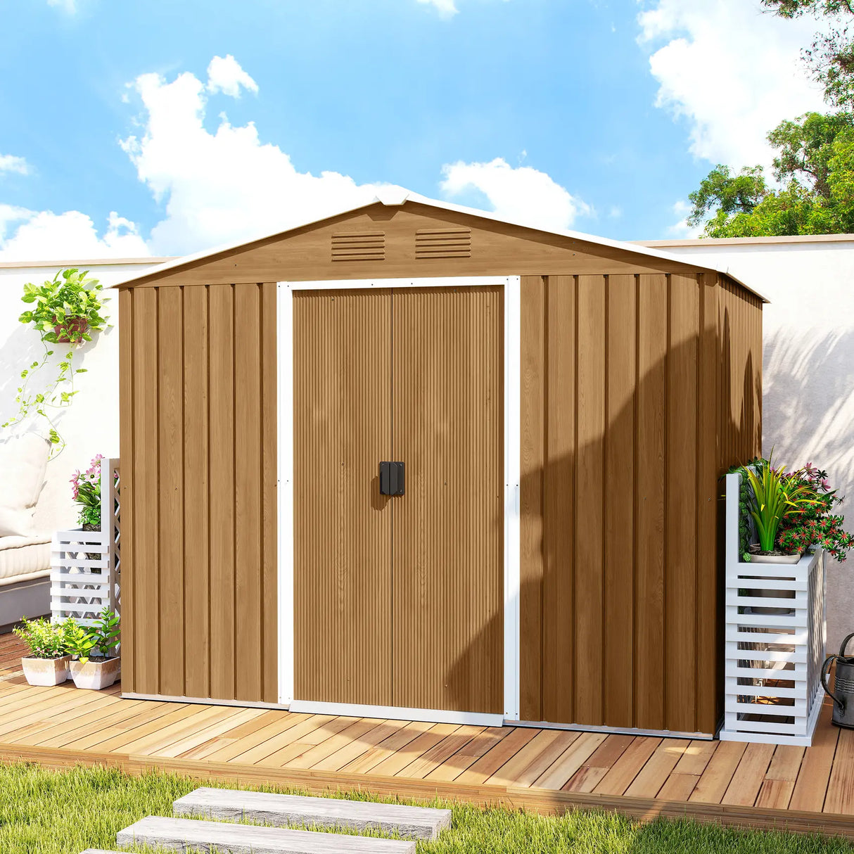 Outsunny 8x6 Metal Storage Shed Galvanised Steel Frame with Sloped Roof & Double Door for Homeowners, Brown