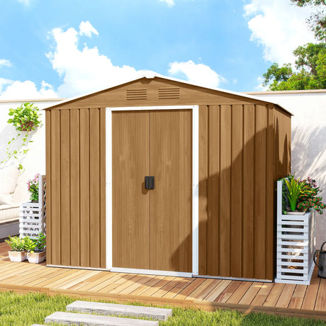 Outsunny 8x6 Metal Storage Shed Galvanised Steel Frame with Sloped Roof & Double Door for Homeowners, Brown