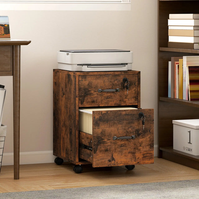 HOMCOM Rolling File Cabinet with 2 Drawers, Mobile Filing Cabinet with Hanging File Folder for Letter Sized Documents, Rustic Brown