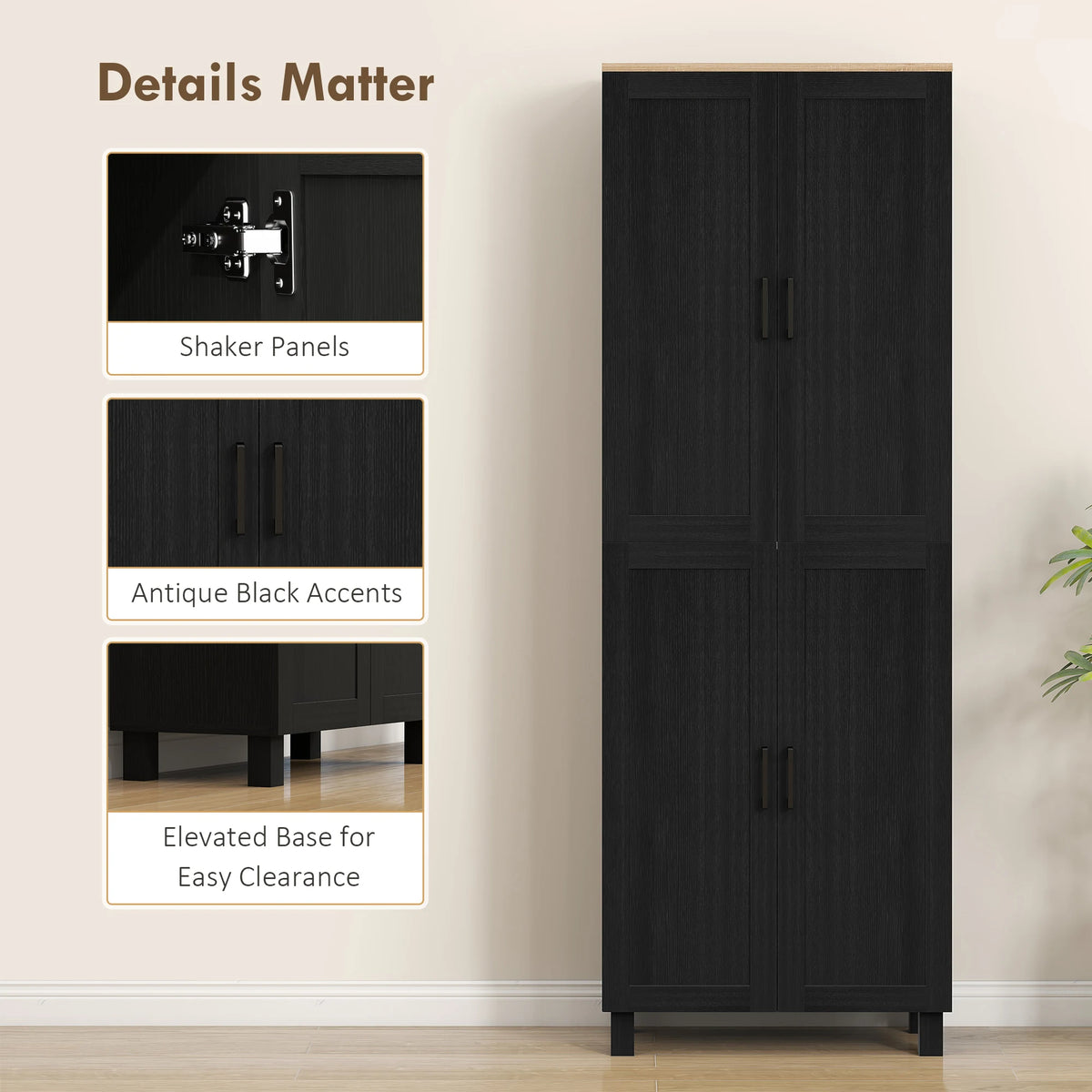 HOMCOM Freestanding Kitchen Cupboard, 4-Door Storage Cabinet with Adjustable Shelves, Modern Kitchen Pantry for Dining Room, 170cm, Black