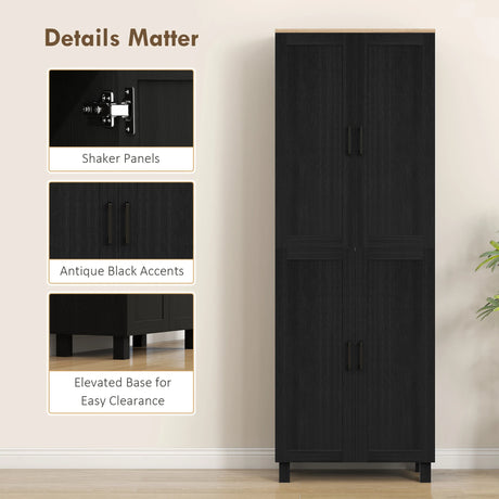 HOMCOM Freestanding Kitchen Cupboard, 4-Door Storage Cabinet with Adjustable Shelves, Modern Kitchen Pantry for Dining Room, 170cm, Black