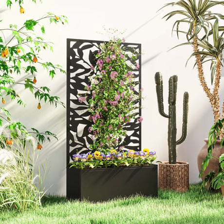 Outsunny Metal Garden Bed with Trellis, Wall Mounted or Freestanding Raised Planter with Privacy Panel, Black