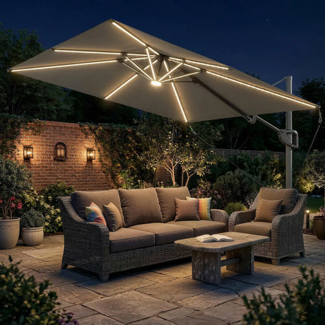 Outsunny 3 x 3 m Garden Cantilever Parasol w/ Light, Cover, UPF50+ Patio Umbrella w/ Wind Protection, 360 Rotation, Dark Grey