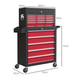 HOMCOM 14 Drawer, Two-Part Tool Storage Chest on Wheels - Red