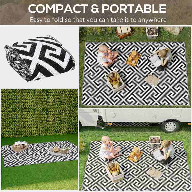 Outsunny 152 x 243 cm(5x 8ft) Outdoor Rug Reversible Mat Plastic Straw Rug Portable RV Camping Mat for Garden Deck Picnic Indoor, Black & White