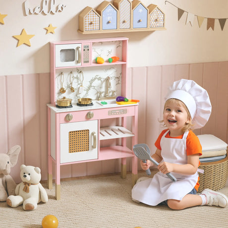 AIYAPLAY Kitchen Playset with Pretend Play Cooking Accessories, Play Kitchen with Oven, Microwave and Sink, Pink