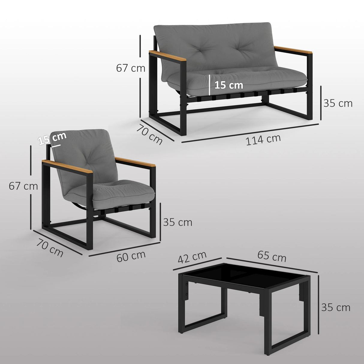 Outsunny Garden Furniture Set, 4 Piece Indoor Outdoor Conservatory with Loveseat Sofa, Armchairs, Glass Top Coffee Table, Cushions for Balcony, Poolside, Patio, Light Grey