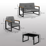Outsunny Garden Furniture Set, 4 Piece Indoor Outdoor Conservatory with Loveseat Sofa, Armchairs, Glass Top Coffee Table, Cushions for Balcony, Poolside, Patio, Light Grey