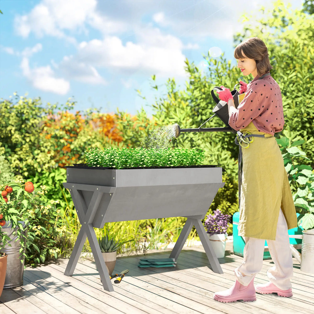 Outsunny Wooden Raised Garden Bed with Bed Liner, Elevated Planter Box with Legs, Light Grey