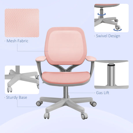 Vinsetto Office Chair, Breathable Mesh Swivel Desk Chair with Adjustable Height and  360 Swivel Security Wheels for Home Office, Study, Pink