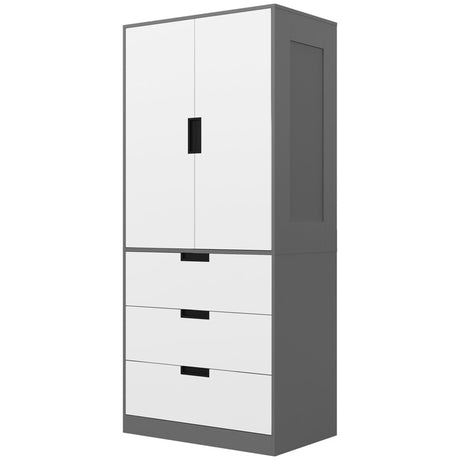 HOMCOM 2 Door Wardrobe, Modern Wardrobe with 3 Drawers and Hanging Rod for Bedroom, Grey