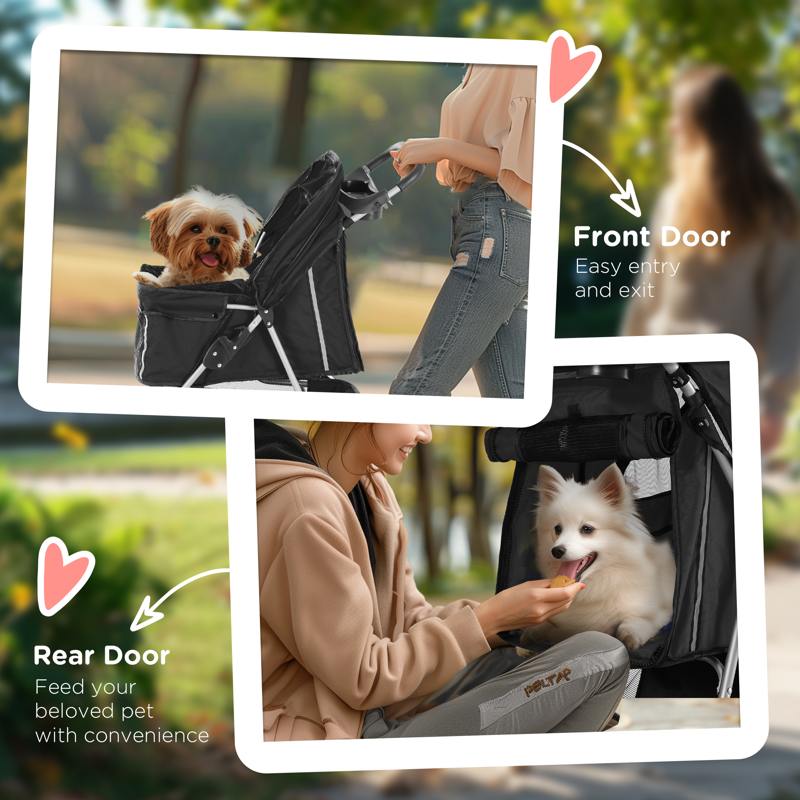 PawHut Dog Stroller, 3 Wheels Foldable Cat Dog Pram with Cup Holder, Storage Basket, Pet Stroller for Small Miniature Dogs, Black