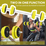 HOMCOM 20KGS 2-In-1 Dumbbell & Barbell Adjustable Set Strength Muscle Exercise Fitness Plate Bar Clamp Rod Home Gym Sports Area, Yellow
